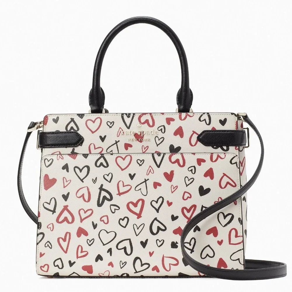 New Kate Spade Staci Scribble Heart Medium Satchel Parchment Multi